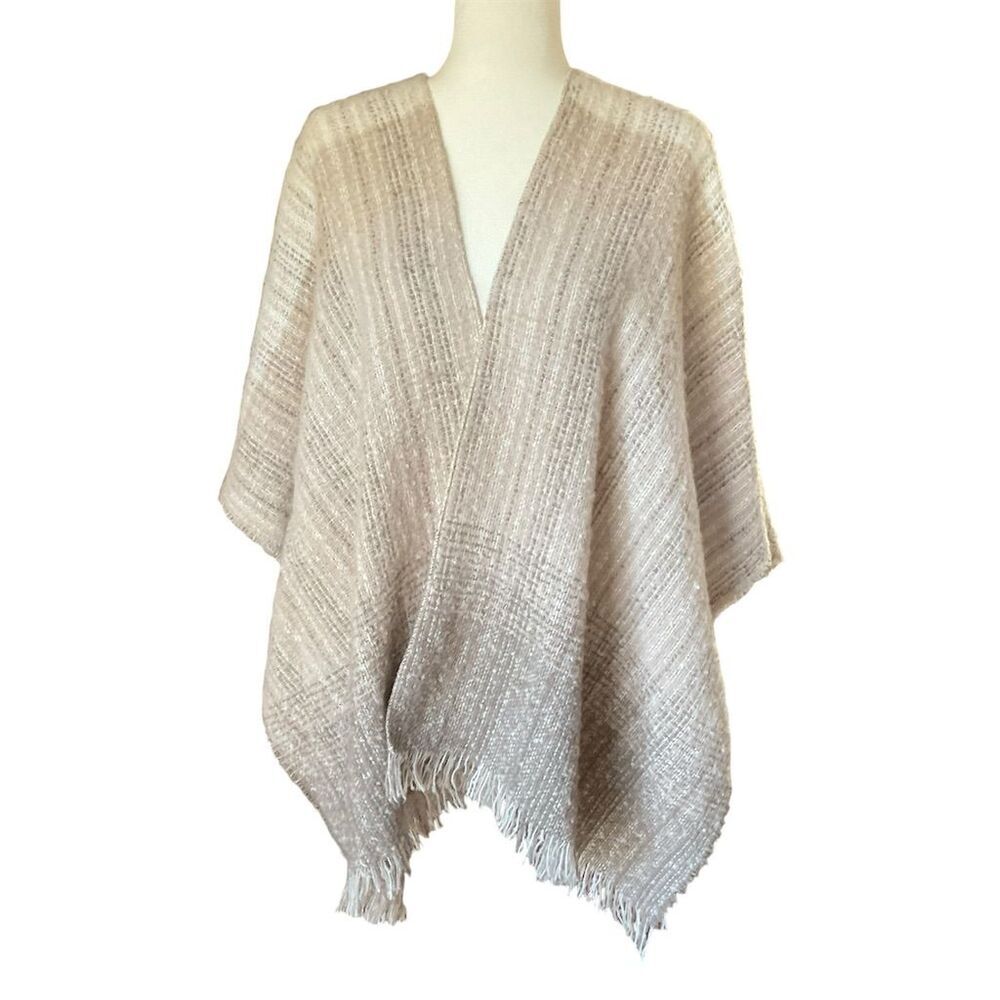Cejon Women's Beige Textured Kimono Shawl Poncho Fringe Trim One Size NWOT!!​
